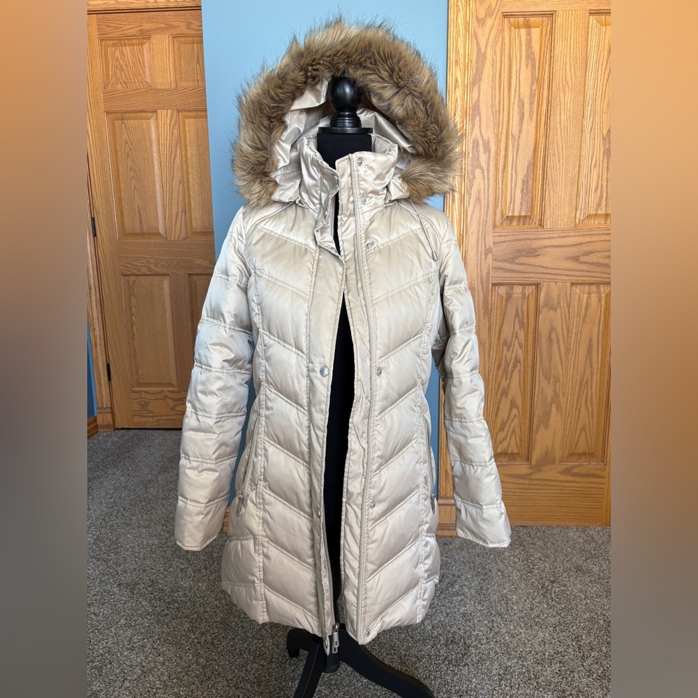 Kenneth Cole Reaction Light Beige Puffer Jacket with Faux Fur Trim Size Small
